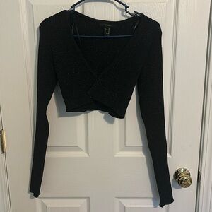 Black Sparkly Long Sleeve Wrap Crop Top 🖤